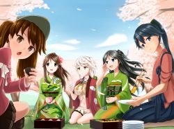 Rule 34 | 10s, 5girls, adapted costume, akatsuki hitoshi, amagi (kancolle), asymmetrical hair, black hair, blue eyes, blue hair, blue skirt, blurry, braid, breasts, brown eyes, brown hair, camouflage, cherry blossoms, cleavage cutout, clothing cutout, cloud print, crop top, day, depth of field, flower, green kimono, hair between eyes, hair flip, hair flower, hair ornament, hair ribbon, hakama, hakama short skirt, hakama skirt, hibiscus, high ponytail, highres, hip vent, houshou (kancolle), japanese clothes, kantai collection, katsuragi (kancolle), kimono, large breasts, light smile, long hair, looking at viewer, looking up, midriff, mole, mole under eye, multiple girls, navel, obi, open mouth, ponytail, remodel (kantai collection), ribbon, ryuujou (kancolle), sash, seiza, silver hair, single braid, sitting, skirt, sky, small breasts, twintails, unryuu (kancolle), very long hair, visor cap, white ribbon, yellow eyes