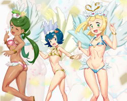Rule 34 | 3girls, :d, ;d, ass, bad id, bad pixiv id, bare arms, bare legs, bare shoulders, bikini, blonde hair, blue eyes, blunt bangs, bracelet, breasts, bush, butt crack, carnival, creatures (company), dark-skinned female, dark skin, dimples of venus, feathers, game freak, gen 4 pokemon, green eyes, green hair, groin, highres, jewelry, lana (pokemon), legendary pokemon, lillie (pokemon), long hair, looking at viewer, looking to the side, mallow (pokemon), midriff, multiple girls, mythical pokemon, navel, necklace, nintendo, on head, one eye closed, ontaros, open mouth, pokemon, pokemon (anime), pokemon (creature), pokemon on head, pokemon sm, pokemon sm (anime), samba, shaymin, shaymin (land), shiny clothes, shiny skin, small breasts, smile, stomach, swept bangs, swimsuit, underboob, v, wink, yellow eyes