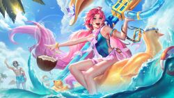 Rule 34 | 1girl, :d, alternate hair color, alternate hairstyle, amekoi, armlet, bare shoulders, blue one-piece swimsuit, bracelet, coconut cup, day, diving mask removed, flower, green eyes, green one-piece swimsuit, gwen (league of legends), hat, hat flower, heterochromia, highres, holding, holding scissors, innertube, jewelry, league of legends, long hair, low twintails, one-piece swimsuit, open mouth, outdoors, palm tree, pink hair, pool party (league of legends), scissors, shiny skin, sitting, smile, solo, sun, swim ring, swimsuit, teeth, third-party source, tree, twintails, upper teeth only, very long hair, water