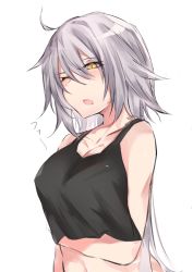 Rule 34 | 1girl, absurdres, bare arms, bare shoulders, black tank top, blush, breasts, cleavage, collarbone, commentary request, crop top, fate/grand order, fate (series), hair between eyes, highres, jeanne d&#039;arc (fate), jeanne d&#039;arc alter (avenger) (fate), jeanne d&#039;arc alter (fate), large breasts, long hair, looking away, one eye closed, open mouth, silver hair, simple background, solo, tank top, upper body, very long hair, waking up, white background, yellow eyes, yuki maccha (yukimattya10)