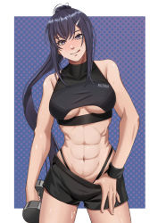 Rule 34 | 1girl, abs, absurdres, bare shoulders, breasts, cowboy shot, dumbbell, fax61209, grey eyes, hair between eyes, hair ornament, hairclip, highres, holding, lanmei, large breasts, long hair, looking at viewer, muscular, muscular female, navel, original, ponytail, shorts, simple background, sleeveless, solo, standing, sweat, tongue, underboob, very long hair, wristband
