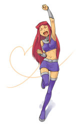 Rule 34 | 1girl, boots, breasts, commentary request, dc comics, denchuubou, closed eyes, fist pump, full body, gorget, heart, heart background, long hair, medium breasts, midriff, miniskirt, navel, open mouth, purple footwear, purple skirt, red hair, sidelocks, skirt, sleeveless, smile, solo, standing, standing on one leg, starfire, teen titans, thigh boots, thighhighs, white background