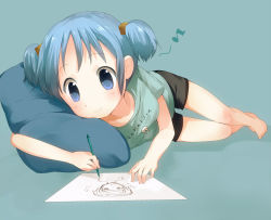 Rule 34 | 1girl, barefoot, blue eyes, blue hair, cube hair ornament, drawing, foreshortening, full body, hair ornament, lying, matching hair/eyes, musical note, naganohara mio, nichijou, on side, pencil, pillow, ro (61232ta), shirt, short twintails, shorts, simple background, solo, t-shirt, thigh gap, thighs, twintails