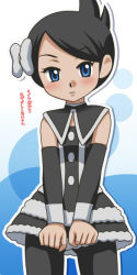 Rule 34 | 1girl, awa, black capelet, black dress, black hair, black pantyhose, blue background, blue eyes, blush, bow, capelet, character cutout, clenched hands, closed mouth, cowboy shot, creatures (company), detached sleeves, dress, female focus, game freak, gluteal fold, gothic lolita, hair bow, japanese text, lolita fashion, looking at viewer, marley (pokemon), nintendo, outline, pantyhose, pokemon, pokemon dppt, short hair, simple background, solo, standing, strapless, strapless dress, swept bangs, translation request, white bow, white outline