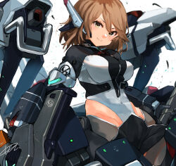 Rule 34 | 1girl, alice gear aegis, blush, breasts, brown eyes, brown hair, gloves, green eyes, headgear, highres, large breasts, leotard, leotard under clothes, long sleeves, looking at viewer, mecha musume, medium hair, onaga akino, open mouth, short hair, simple background, smile, solo, sunday aki, thighhighs, white leotard
