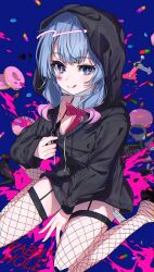 Rule 34 | 1girl, :q, black hoodie, black leotard, blue background, blue eyes, blue hair, closed mouth, dot nose, drawstring, fishnet thighhighs, fishnets, full body, garter straps, hanozuku, hatsune miku, hood, hood up, hoodie, hoodie pull, legs apart, leotard, leotard under clothes, long hair, looking at viewer, multicolored hair, no pants, paint splatter, pink hair, pink pupils, pulled by self, rabbit hole (vocaloid), simple background, smile, solo, thighhighs, tongue, tongue out, two-tone hair, vocaloid