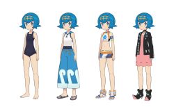 Rule 34 | 1girl, ankle boots, armlet, bare arms, barefoot, belly chain, bike shorts, black choker, black footwear, black jacket, blue eyes, blue hair, blue one-piece swimsuit, blue pants, blue sailor collar, boots, bright pupils, choker, commentary, cosplay, creatures (company), dress, flip-flops, freckles, game freak, hairband, jacket, jewelry, lana (pokemon), marnie (pokemon), marnie (pokemon) (cosplay), midriff, multiple views, navel, necklace, nessa (pokemon), nessa (pokemon) (cosplay), nintendo, one-piece swimsuit, open clothes, open jacket, pants, pink dress, pokemon, pokemon sm, pokemon swsh, sailor collar, sandals, shirt, short hair, simple background, sleeveless, sleeveless shirt, squid neetommy, standing, swimsuit, toes, trial captain, white background, white footwear, white pupils, white shirt, yellow hairband