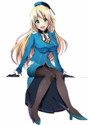 Rule 34 | 1girl, :d, atago (kancolle), beret, black gloves, black pantyhose, blonde hair, blue footwear, blue hat, breasts, full body, gloves, green eyes, hat, high heels, highres, kantai collection, large breasts, long hair, looking at viewer, open mouth, pantyhose, simple background, sitting, smile, solo, white background, zielgigas