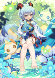 Rule 34 | 1girl, aged down, ahoge, bare shoulders, barefoot, bell, blue hair, blush, character request, chinese knot, detached sleeves, flower knot, ganyu (genshin impact), genshin impact, gold trim, highres, horns, long hair, looking at another, neck bell, outdoors, purple eyes, sidelocks, sitting, smile, tassel, vision (genshin impact), white sleeves, yu e baba
