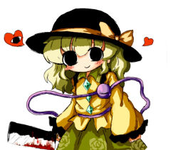 Rule 34 | 1girl, black eyes, black hat, blood, bloody knife, blouse, blush, bow, bright pupils, buttons, closed mouth, cowboy shot, diamond button, eyeball, floral print, frilled shirt collar, frilled sleeves, frills, green skirt, hat, hat bow, hat ribbon, heart, heripantomorrow, holding, holding knife, knife, komeiji koishi, light green hair, long sleeves, looking at viewer, medium hair, ribbon, rose print, shirt, simple background, skirt, smile, solo, third eye, touhou, wavy hair, white background, wide sleeves, yellow bow, yellow ribbon, yellow shirt