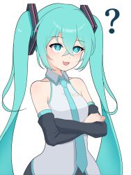 Rule 34 | 1girl, :3, ?, absurdres, aqua eyes, aqua hair, bright pupils, crossed arms, detached sleeves, hatsune miku, highres, kumada gaon, necktie, sleeveless, solo, upper body, vocaloid, white background, white pupils