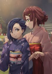 Rule 34 | 2girls, black hair, blurry, blurry background, blush, brown eyes, brown hair, festival, floral print, green eyes, hair bun, hair ornament, hairclip, highres, holding hands, japanese clothes, kimono, looking at another, multiple girls, night, obi, original, outdoors, parfaith, parted lips, pink kimono, sash, single hair bun, standing, wide sleeves, yuri