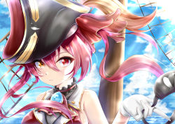 Rule 34 | 1girl, absurdres, arrow through heart, bare shoulders, blue sky, breasts, closed mouth, cloud, ascot, eyepatch, unworn eyepatch, gloves, hair between eyes, hat, heterochromia, highres, hololive, houshou marine, outdoors, pink hair, pirate hat, red eyes, sky, solo, takemura kou, twintails, virtual youtuber, white gloves, yellow eyes