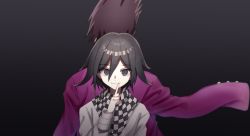 Rule 34 | 2boys, black eyes, black hair, brown hair, checkered clothes, checkered scarf, commentary request, danganronpa (series), danganronpa v3: killing harmony, gradient background, grey background, hair between eyes, highres, index finger raised, jacket, jacket on shoulders, long sleeves, looking at viewer, male focus, mdr (mdrmdr1003), momota kaito, multiple boys, oma kokichi, pink jacket, portrait, scarf, short hair, smile, solo focus, white jacket