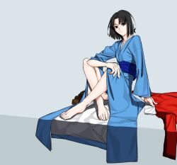 Rule 34 | 1girl, arm support, bare legs, barefoot, black eyes, black hair, blue kimono, boots, brown footwear, closed mouth, collarbone, commentary request, crossed legs, feet, full body, grey background, jacket, japanese clothes, kara no kyoukai, kimono, legs, long sleeves, looking at viewer, medium hair, obi, partially undressed, ryougi shiki, sash, short hair, simple background, sitting, soles, solo, toenails, toes, trick1601, unworn boots, unworn jacket, wide sleeves