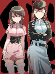 Rule 34 | 2girls, absurdres, alternate costume, bead necklace, beads, belt, black belt, black jacket, blue dress, brown eyes, brown hair, chain necklace, closed mouth, commentary, crossed arms, delinquent, dress, fingerless gloves, frilled thighhighs, frills, frown, girls und panzer, gloves, green eyes, half-closed eyes, highres, jacket, jewelry, koyama harutarou, leather, leather jacket, long hair, long sleeves, looking at viewer, majisuka gakuen, medium dress, mika (girls und panzer), multiple girls, necklace, no headwear, outline, parody, pink dress, pompadour, red background, short dress, short sleeves, side-by-side, side slit, smile, standing, studded belt, text background, thighhighs, underbust, white gloves, white outline, white thighhighs, yuri (girls und panzer)