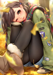 Rule 34 | 1girl, ankle boots, autumn, autumn leaves, boots, braid, brown eyes, brown hair, commentary, fur trim, gloves, hair ornament, head rest, head tilt, highres, jacket, knees to chest, knees up, long hair, long sleeves, looking at viewer, masami chie, one eye closed, original, outdoors, pantyhose, patch, scarf, shorts, side braid, signature, sitting, smile, solo, swept bangs, tongue, tongue out, united states, winter gloves