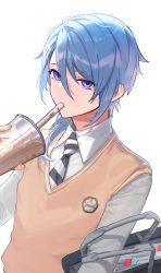 1boy absurdres alternate_costume bag blue_eyes blue_hair bubble_tea commentary cup disposable_cup drinking_straw drinking_straw_in_mouth genshin_impact hair_between_eyes highres holding holding_cup kamisato_ayato long_sleeves looking_at_viewer male_focus necktie school_uniform shirt simple_background solo sweater_vest symbol-only_commentary upper_body white_background white_shirt xiu_xxx_wu