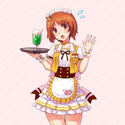 Rule 34 | 10s, 1girl, :o, alternate costume, anglerfish, apron, bear hair ornament, blush, boko (girls und panzer), bow, brown eyes, brown hair, coco&#039;s, commentary request, cowboy shot, diagonal stripes, drinking straw, emblem, fish, flustered, flying, food, frilled apron, frilled skirt, frilled sleeves, frills, girls und panzer, glass, hair ornament, hand up, head tilt, highres, holding, ice cream, ice cream float, jacket, large bow, layered skirt, light frown, looking at viewer, maid headdress, miniskirt, name tag, nishizumi miho, open mouth, pink background, pink bow, puffy short sleeves, puffy sleeves, shirt, short hair, short sleeves, skirt, sleeveless, sleeveless jacket, solo, standing, striped, striped background, takapachi, thigh gap, tray, vest, waist apron, waving, white apron, white shirt, white skirt, wristband, yellow jacket