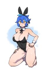 Rule 34 | 1girl, ahoge, animal ears, bare legs, bare shoulders, barefoot, black hairband, black leotard, blue hair, blue nails, breasts, cleavage, commentary, detached collar, dif (difman), difman, english commentary, fake animal ears, fingernails, full body, hairband, highres, impossible clothes, impossible leotard, large breasts, leotard, looking at viewer, mole, mole under eye, multicolored hair, nail polish, original, paid reward available, playboy bunny, rabbit ears, short hair, solo, strapless, strapless leotard, streaked hair, thick thighs, thighs, two-tone hair, wrist cuffs, yellow eyes