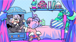 Rule 34 | &gt; &lt;, 2girls, angel wings, bed, bedroom, black bow, black dress, black sleeves, blue background, bow, cactus, character request, commentary request, cone hair bun, crescent, curtains, datenshi-chan, deformed, double bun, dress, fang, flying sweatdrops, from behind, full body, hair bow, hair bun, heart, heart print, indie utaite, indoors, long sleeves, medium dress, multiple girls, nanawo akari, pillow, pink dress, pink footwear, pink hair, pink sleeves, plant, polka dot, polka dot background, potted plant, purple hair, purple sleeves, purple socks, pushing, shoes, short hair, socks, star (symbol), striped clothes, striped socks, terada tera, toolbox, torn clothes, torn sleeves, two-sided sleeves, two-tone socks, utaite, wardrobe, wavy mouth, white socks, white wings, wings