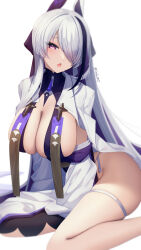Rule 34 | 1girl, absurdres, azur lane, blush, breasts, cleavage, commentary request, groin, hair over one eye, highres, japanese clothes, kimono, large breasts, long hair, looking at viewer, multicolored hair, open mouth, partial commentary, purple eyes, purple hair, seele0907, side slit, simple background, sitting, solo, streaked hair, thigh strap, twitter username, unzen (azur lane), white background, white hair, white kimono