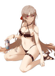 Rule 34 | 1girl, absurdres, alternate hairstyle, anchor earrings, azur lane, bare shoulders, beer can, bikini, bow, breasts, brown bikini, brown footwear, brown hair, can, cleavage, criss-cross halter, cross-laced bikini, cross-laced clothes, drink can, earrings, eyebrows hidden by hair, front-tie bikini top, front-tie top, full body, hair bow, hair down, halterneck, high heels, highleg, highleg bikini, highres, holding, holding can, jean bart (azur lane), jean bart (private apres midi) (azur lane), jewelry, long hair, medium breasts, official alternate costume, ornate ring, red bow, red eyes, ring, sandals, simple background, solo, swimsuit, thigh strap, very long hair, white background, wsfw