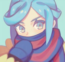 Rule 34 | 1boy, blue eyes, blue hair, blue mittens, blue scarf, commentary request, creatures (company), eyelashes, game freak, green background, grusha (pokemon), hand up, jacket, long sleeves, looking at viewer, male focus, mittens, nintendo, pokemon, pokemon sv, portrait, scarf, scarf over mouth, solo, striped clothes, striped scarf, wusagi2, yellow jacket