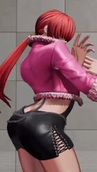 Rule 34 | 1girl, animated, animated gif, ass, ass focus, ass shake, black dress, chain, dress, feather trim, female focus, fingernails, hair over eyes, huge ass, jacket, pink jacket, pink nails, ponytail, red hair, shermie (kof), short dress, snk, solo, the king of fighters, the king of fighters xv, thick thighs, thighs