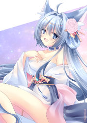 Rule 34 | 1girl, absurdly long hair, animal ear fluff, animal ears, asashio (azur lane), asashio (robes of dancing clouds) (azur lane), azur lane, bare shoulders, blue choker, blue eyes, blue hair, breasts, choker, cleavage, dress, flower, hair flower, hair ornament, highres, long hair, looking at viewer, off-shoulder dress, off shoulder, official alternate costume, open mouth, pink flower, solo, tamak rui, very long hair, white dress, wide sleeves