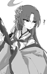 Rule 34 | 1girl, ?, blue archive, greyscale, highres, japanese clothes, kimono, long hair, looking to the side, monochrome, simple background, sin seishun, solo, white background, yukari (blue archive)