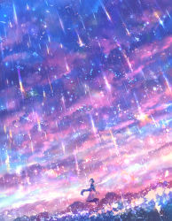 Rule 34 | 1girl, arms up, cloud, dutch angle, field, flower, flower field, lens flare, light particles, long hair, looking up, original, purple hair, rain, sakimori (hououbds), scenery, solo, sparkle, standing, very long hair