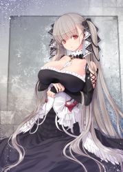 Rule 34 | 1girl, arms under breasts, azur lane, bare shoulders, between breasts, black bow, black dress, black nails, blunt bangs, blush, bow, breasts, cleavage, closed mouth, clothing cutout, commentary request, detached collar, dress, expressionless, feather trim, formidable (azur lane), frilled dress, frills, grey background, hair bow, head tilt, kirishima satoshi, large breasts, long hair, long sleeves, looking at viewer, nail polish, own hands together, red eyes, shoulder cutout, silver hair, solo, twintails, very long hair