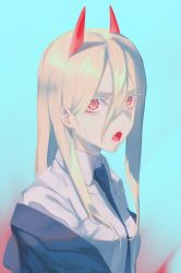 Rule 34 | 1girl, alternate hair color, black jacket, black necktie, blonde hair, blue background, chainsaw man, collared shirt, cross-shaped pupils, crosshair pupils, demon girl, demon horns, hair between eyes, highres, horns, jacket, litra (ltr0312), long hair, looking at viewer, necktie, off shoulder, open mouth, power (chainsaw man), red horns, sharp teeth, shirt, simple background, solo, straight hair, suit jacket, symbol-shaped pupils, teeth, upper body, white shirt