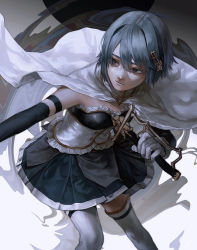 Rule 34 | 1girl, absurdres, bare shoulders, blue hair, blue skirt, breasts, cape, cape lift, circle, closed mouth, clothes lift, contrapposto, dark background, detached sleeves, facing viewer, feet out of frame, fortissimo, frills, gloves, gradient background, grey background, grey eyes, grey theme, hair between eyes, hair ornament, hairclip, highres, jitome, k041800, light smile, looking afar, mahou shoujo madoka magica, mahou shoujo madoka magica (anime), miki sayaka, musical note, musical note hair ornament, muted color, outstretched arm, pleated skirt, psychedelic, realistic, short hair, sidelighting, skirt, small breasts, solo, strapless, thighhighs, white background, white cape, white gloves, white thighhighs, zettai ryouiki