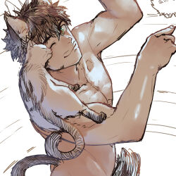 Rule 34 | 1boy, affectionate, animal, animal ears, animal on shoulder, ass, bara, brown hair, cat, cat boy, cat ears, cat tail, completely nude, from above, green eyes, hands up, highres, looking at viewer, male focus, navel, nude, original, p!k@ru, protected link, short hair, solo, tail, tail censor, toned, toned male, unfinished