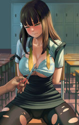 Rule 34 | 1girl, 3:, arms behind back, black pantyhose, blush, bra, breasts, brown hair, classroom, cleavage, closed mouth, desk, gatchaman crowds, green eyes, hair ornament, highres, ichinose hajime, indoors, large breasts, lasterk, on desk, open clothes, open shirt, panties, panties under pantyhose, pantyhose, school, school desk, scissors, shirt, sitting, on desk, solo focus, strap slip, tears, torn clothes, torn legwear, underwear, white bra