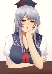 Rule 34 | 1girl, absurdres, blue headwear, breasts, grey hair, hand on own face, highres, kamishirasawa keine, keenii (kenny86), large breasts, long hair, looking at viewer, open mouth, red eyes, red neckwear, simple background, solo, touhou, upper body
