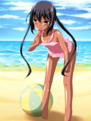 Rule 34 | 1girl, adjusting clothes, adjusting swimsuit, bad feet, ball, beach, beachball, bent over, black hair, blush, brown eyes, casual one-piece swimsuit, day, feet, frilled swimsuit, frills, k-on!, leaning forward, long hair, na! (na&#039;mr), nakano azusa, ocean, one-piece swimsuit, solo, swimsuit, tan, tanline, tiptoes, twintails
