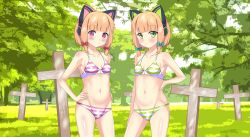 Rule 34 | 2girls, absurdres, blonde hair, blue archive, bra, commission, cross, forest, grass, green eyes, highres, kiniro tofu, midori (blue archive), momoi (blue archive), multiple girls, nature, panties, pink eyes, siblings, sisters, striped bra, striped clothes, striped panties, tree, twins, underwear