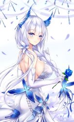 Rule 34 | 1girl, 2020, azur lane, backless dress, backless outfit, bare shoulders, blue eyes, blue flower, blue rose, braid, breasts, dress, elbow gloves, flower, gloves, highres, holding, holding flower, illustrious (azur lane), illustrious (illustrious ball) (azur lane), large breasts, long hair, looking at viewer, off shoulder, official alternate costume, rose, sideboob, signature, simple background, sleeveless, sleeveless dress, solo, ss (pixiv39363189), strapless, strapless dress, very long hair, white background, white dress, white hair