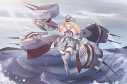 Rule 34 | 1girl, absurdres, anchor, atodashi, bare shoulders, bismarck (kancolle), blonde hair, blue eyes, breasts, brown gloves, cannon, collar, day, detached sleeves, gloves, grey thighhighs, hair between eyes, hat, highres, kantai collection, large breasts, long hair, metal collar, military hat, military uniform, open mouth, outdoors, peaked cap, rigging, solo, standing, standing on one leg, thighhighs, torpedo, turret, uniform, very long hair