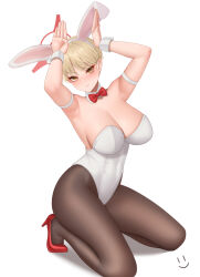 Rule 34 | 1girl, animal ears, arm strap, armpits, arms up, black pantyhose, blonde hair, blue archive, blush, bow, bowtie, breasts, cleavage, closed mouth, detached collar, fake animal ears, full body, hairband, halo, high heels, highres, kneeling, large breasts, leotard, looking at viewer, marina (blue archive), pantyhose, playboy bunny, rabbit ears, red bow, red bowtie, red footwear, resolution mismatch, short hair, simple background, solo, source smaller, thighs, wei xiao, white background, white hairband, white leotard, yellow eyes