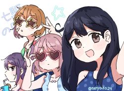 Rule 34 | 4girls, ahoge, akebono (kancolle), bandaid, bandaid on face, black hair, blue one-piece swimsuit, brown eyes, brown hair, casual one-piece swimsuit, drinking straw, hair bobbles, hair ornament, heart, heart-shaped eyewear, highres, kantai collection, long hair, looking at viewer, multiple girls, oboro (kancolle), one-piece swimsuit, pink hair, polka dot, polka dot swimsuit, purple eyes, purple hair, sazanami (kancolle), short hair, star-shaped eyewear, star (symbol), swimsuit, tenyako (mirasato24), twintails, twitter username, upper body, ushio (kancolle)
