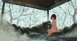 Rule 34 | 1girl, arm at side, bare tree, black hair, blue eyes, blush, breasts, covering privates, day, hand on own chest, highres, holding, holding towel, looking at viewer, nose blush, nude cover, onsen, original, parted lips, reflection, rock, short hair, sitting, small breasts, snow, soaking feet, solo, steam, tentsu, towel, tree, underboob, water
