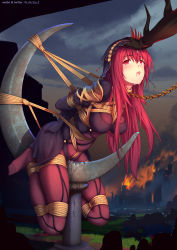 Rule 34 | 1boy, 1girl, armor, arms behind back, artist name, bdsm, between breasts, blush, bodysuit, bondage, bound, bound arms, bound legs, breast bondage, breasts, castle, chain, cloud, cloudy sky, collar, crescent, crotch rope, crying, crying with eyes open, cu chulainn (fate), cu chulainn (fate) (all), cu chulainn (fate/stay night), cu chulainn alter (fate), cu chulainn alter (fate/grand order), drooling, fate/grand order, fate (series), fire, gem, gloves, hand on another&#039;s head, highres, himitsu (hi mi tsu 2), lancer, long hair, medium breasts, no shoes, open mouth, outdoors, purple bodysuit, purple hair, pussy juice, red eyes, restrained, robe, rope, saliva, scathach (fate), shibari, shibari over clothes, shoulder armor, sky, solo focus, tears, twitter username, veil, weibo watermark