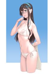 Rule 34 | 1girl, arm behind back, bikini, black hair, blue background, breasts, collarbone, commentary request, cowboy shot, cropped legs, finger to mouth, frilled bikini, frills, green eyes, green hairband, hairband, halterneck, highres, kantai collection, long hair, looking at viewer, navel, ooyodo (kancolle), side-tie bikini bottom, simple background, small breasts, solo, string bikini, swimsuit, white bikini, yuuji (and)