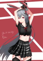 Rule 34 | 1girl, absurdres, animal ears, artist name, black shirt, black skirt, black thighhighs, bound, bound wrists, bow, bowtie, breasts, character name, charolic (girls&#039; frontline 2), fake animal ears, feet out of frame, garter straps, girls&#039; frontline, girls&#039; frontline 2: exilium, green hair, hands up, highres, long hair, navel, red bow, red eyes, school uniform, shirt, simple background, skirt, solo, standing, thighhighs, xue shiming