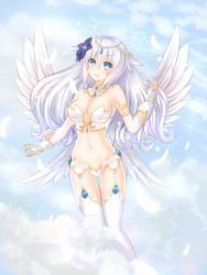 Rule 34 | 1girl, angel, angel wings, armlet, bare shoulders, bikini, black heart (neptunia), blue eyes, blush, breasts, circlet, cleavage, closed mouth, cloud, cloudy sky, detached collar, elbow gloves, feathered wings, feathers, flower, flying, four goddesses online: cyber dimension neptune, garter straps, gem, gloves, gluteal fold, hair between eyes, hair flaps, hair flower, hair ornament, halo, hand up, highres, kazuneko (wktk1024), long hair, medium breasts, neptune (series), noire (neptunia), panties, sky, smile, solo, swimsuit, symbol-shaped pupils, tareme, thigh gap, thighhighs, underwear, white bikini, white gloves, white hair, white panties, white wings, wings