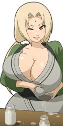 Rule 34 | 1girl, blonde hair, blush, breasts, brown eyes, cleavage, curvy, facial mark, female pubic hair, forehead mark, highres, huge breasts, japanese clothes, lactation, lactation through clothes, large areolae, large breasts, large nipples, long hair, looking at viewer, mike inel, milking, naruto, naruto (series), naruto shippuuden, nipples, nude, pubic hair, puffy nipples, self milking, solo, squeezing, thick thighs, thighs, tsunade (naruto)